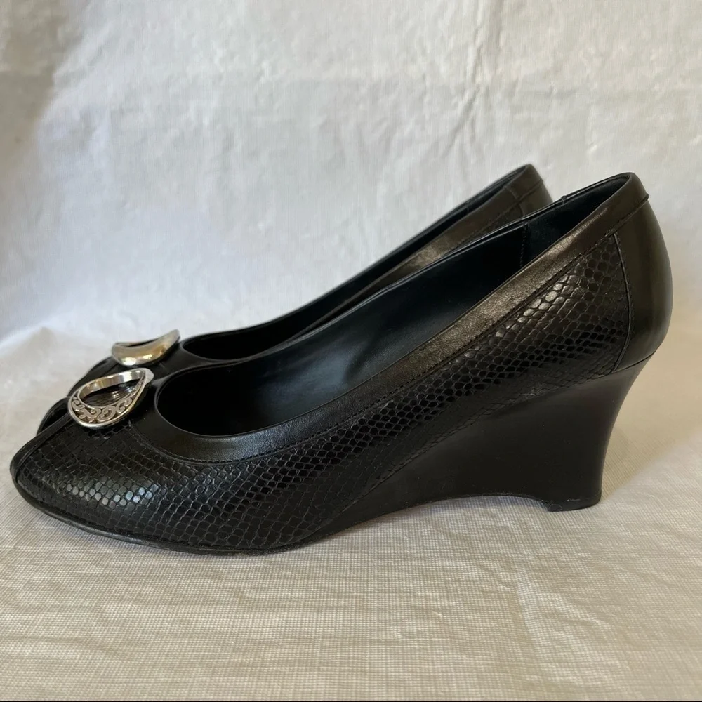 Brighton Nelly Black Leather Peep Toe Wedge Heels